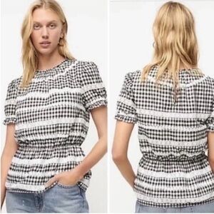 J. Crew Black and White Gingham Plaid Peplum Top Sz Med